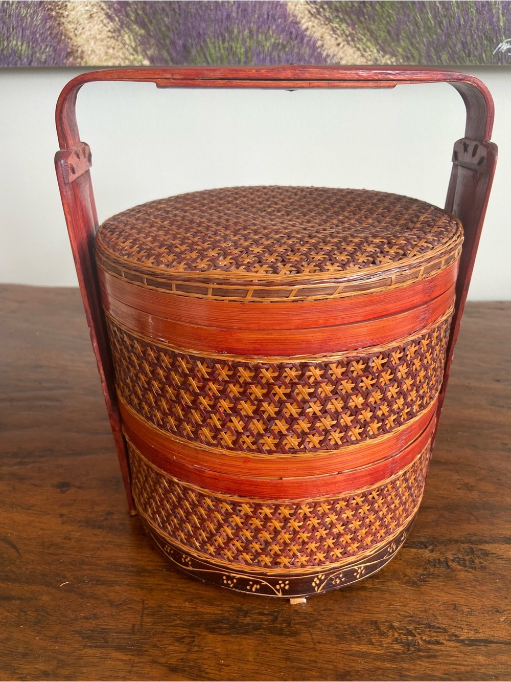 Handwoven Bamboo Stacking Basket with Handle - Red and Brown